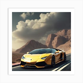 A Lightly Yellow Lamborgini With Clouds And Mountain Art Print