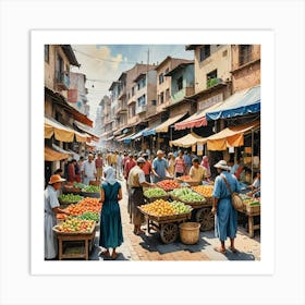 Water Colored Painting Of A Street Markets Focusing On The Vendors The Variety Of Goods And The Inte 2109461674 Art Print