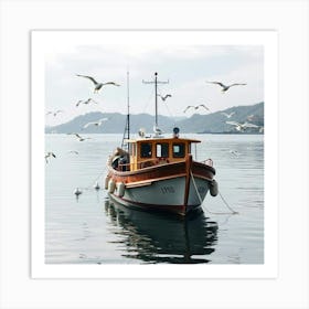 Cozy Fishing Boat Surrounded By Seagulls In A Quiet Bay 1 Art Print