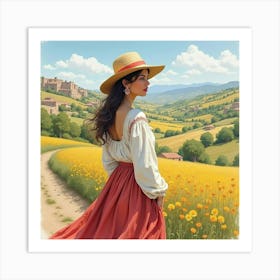 Spanish Woman In A Picturesque Landscape, Watercolor With Serene Colors 1 Art Print