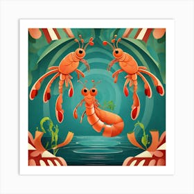 Three Shrimps In The Sea Art Print