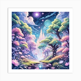 A Fantasy Forest With Twinkling Stars In Pastel Tone Square Composition 411 Art Print