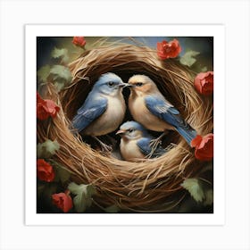 Bluebirds In Nest, A Pair Of Birds Building A Nest Representing Love Home And Family 2 Art Print