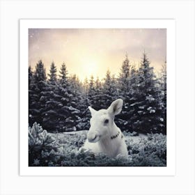 Firefly Scandinavian, Art, Illustration, Serene, Winter, Forest, Baby, Moose, Snowy, Clearing, Antle (2) Art Print