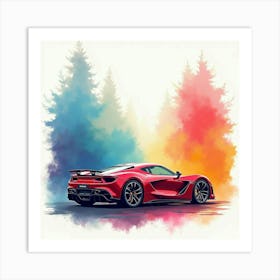 Rimac C Two Against A Vibrant, Colorful Watercolor Scene, No Logos Art Print