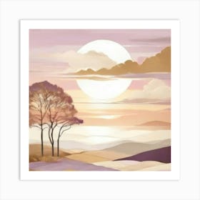 Sunset With Trees gold and lilac Art Print