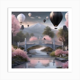 Hot Air Balloons Cherry Blossoms Landscape 2 Art Print