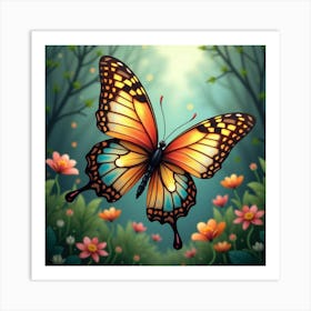 A Whimsical Butterfly With Wings Of Flowing, Iridescent Patterns Fluttering In A Magical Garden Art Print