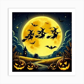 Halloween Witches Flying In The Sky Art Print