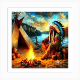 Oil Texture Native American Indian By A Campfire 4 Copy Art Print