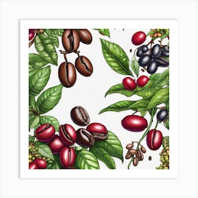 Coffee Beans And Leaves Seamless Pattern Art Print