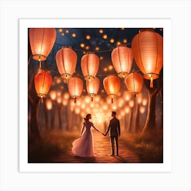 Couple Holding Lanterns In The Forest Art Print