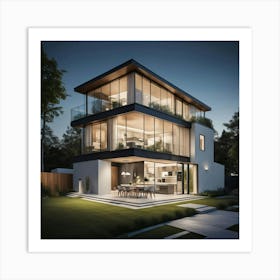 Modern House At Night Art Print