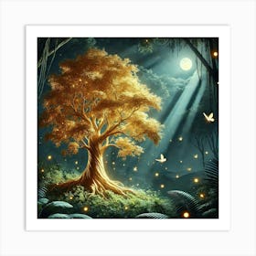 Tree In The Forest At Night Art Print