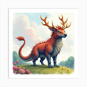 Mythical Beast In A Colorful Watercolor Landscape 1 Art Print