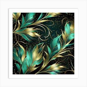 Gold And Turquoise Leaves Art Print