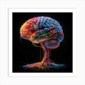 A Colorful Brain Made Of Neoncolored Wires And Lines, With An Empty Black Background Poster