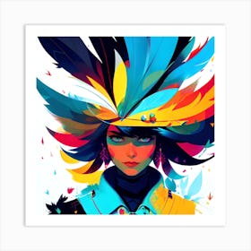 Girl With Colorful Feathers Art Print