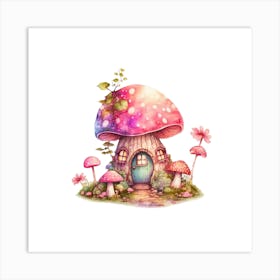Watercolor Fairy tale Pink Mushroom House Art Print
