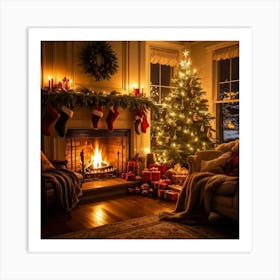 A Cozy Winter Evening By A Roaring Fireplace An Ornately Decorated Christmas Tree Situated In The C (6) Art Print