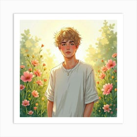 Watercolor Of Justin Bieber In A Sunlit Garden, Surrounded By Flowers Art Print