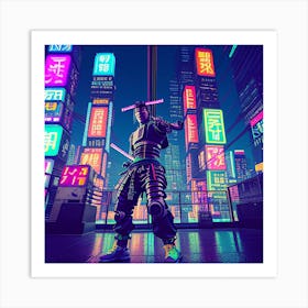 Cyberpunk Samurai In A Neon Lit Megacity Art Print