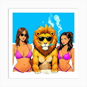 Three Women In Bikinis With A Lion Art Print