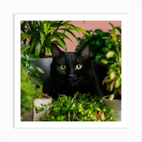 Black Cat With Plants Art Print