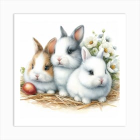 Easter Bunnies With Flowers Art Print