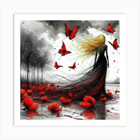 Girl With Red Butterflies Art Print