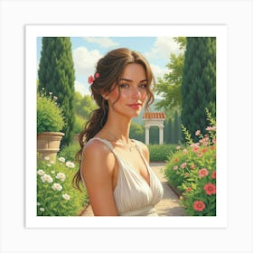 A Lovely Greek Woman In Watercolor, Surrounded By The Lush Greenery Of A Traditional Garden 1 Art Print