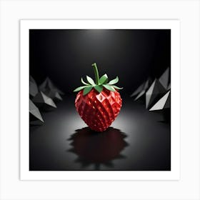 A Strawberry With A Detailed 3d Textured Surface, Stands In The Center, With Several Geometric Black Shapes Surrounding It Art Print