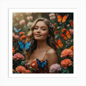 Beautiful Woman With Butterflies In The Garden Art Print