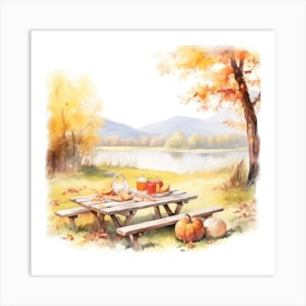 Watercolor Autumn Picnic Table 6 Art Print