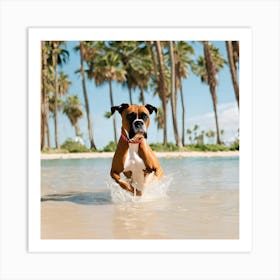 A dog boxer swimming in beach and palm trees 2 Art Print