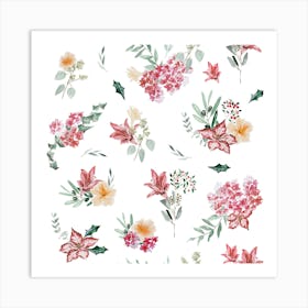 Christmas Watercolor Flowers Art Print