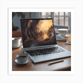 Laptop On A Table Art Print