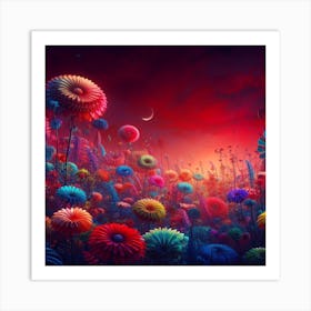 Currently on Tau Ceti 09 (alien, flowers, red sky, colorful) Art Print