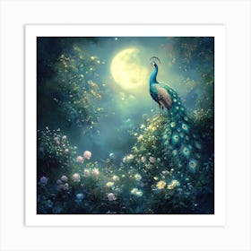 Peacock In The Moonlight Art Print