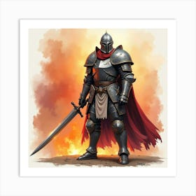 Ares In Battle Armor, Watercolor With Fiery Background 1 Art Print