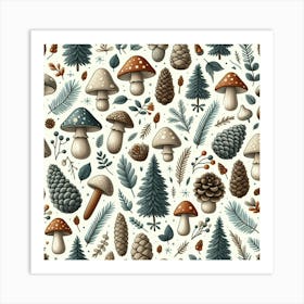 Scandinavian style, pattern with pine cones and mushrooms 3 Art Print