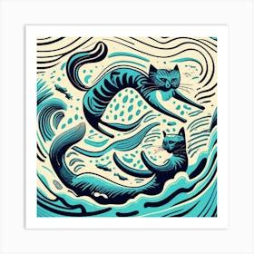 Swimming Mermaid Cats Art Print