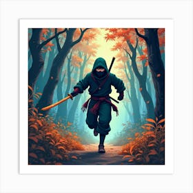 Ninja Running Through A Vibrant Forest, Blades Drawn 1 Art Print