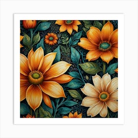 Orange Flowers On A Black Background Art Print