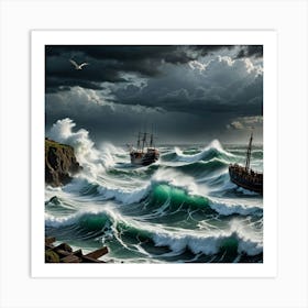 Caught in the Storm: Trawler and Seagulls Art Print