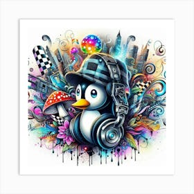 Penguin With Headphones 8 Art Print