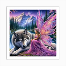 Fairy and the wolf by the lake  Art Print