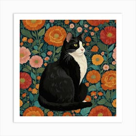 Black And White Cat In Flowers 1 Art Print