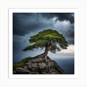 Lone Tree On A Rock, A Lone Tree Standing Strong On A Cliff Edge Against A Stormy Sky Representing The Courage Art Print