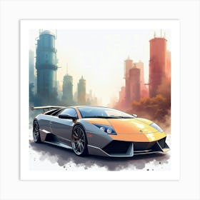 Lamborghini Reventón With A Watercolor Futuristic Cityscape 1 Art Print